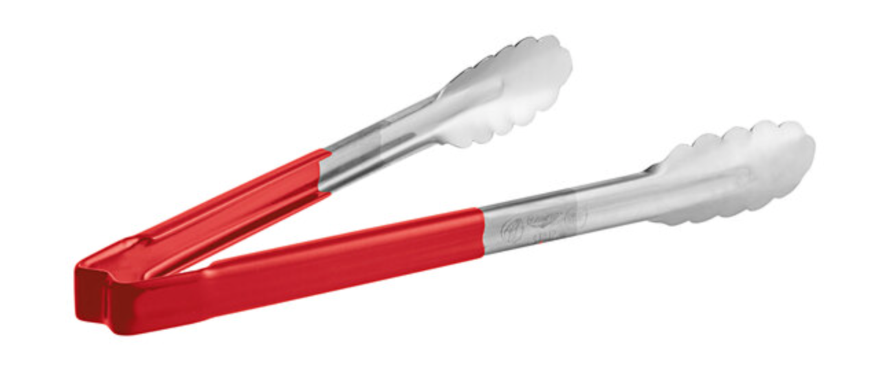 12" Red Handle Stainless Steel Scalloped Tongs